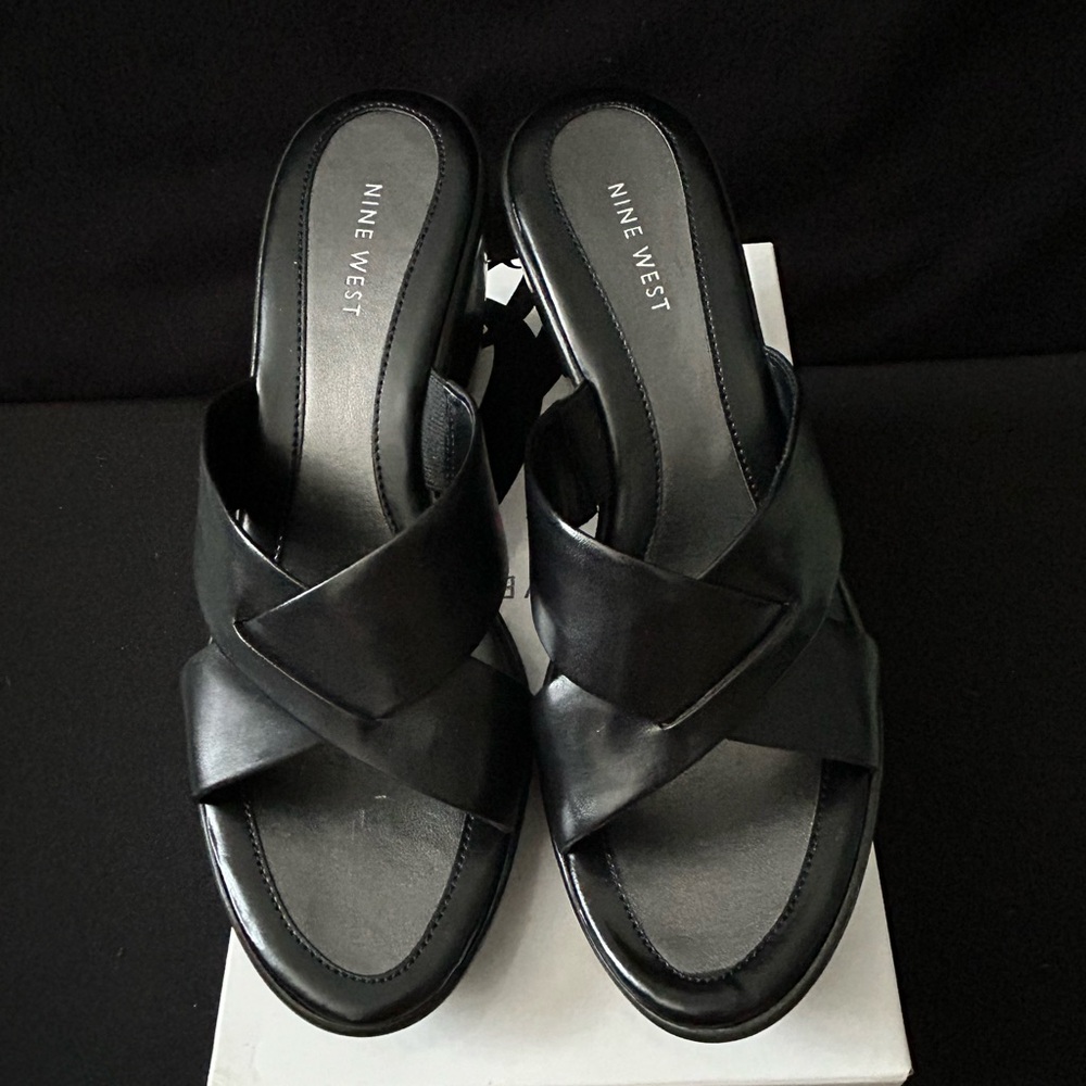 Nine West, Brand New, Black Leather Wedge Heel Sandals, Size 8 M